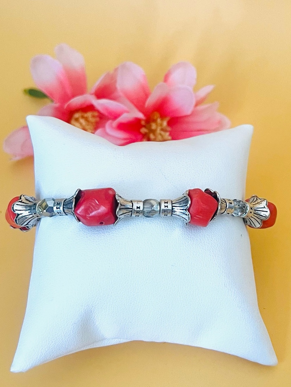 Elegant Silver tone and Red corals Bracelet with clear crystal spacers